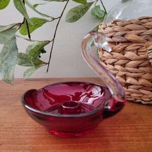 Vintage Duncan Miller Pall Mall Ruby Red Art Glass Swan Candlestick Holder